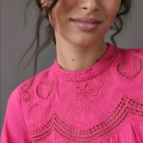 Anthropologie Harmony Hot Pink Lace Embroidered Blouse Size Small - Picture 4 of 14